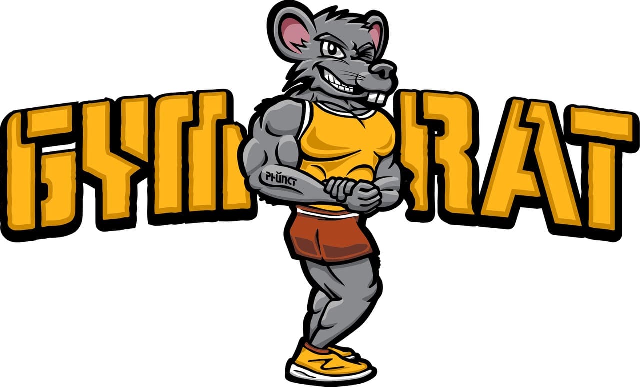 Muscular cartoon gym rat mascot flexing
