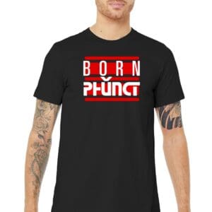 Man in black "Born Phung" graphic tee