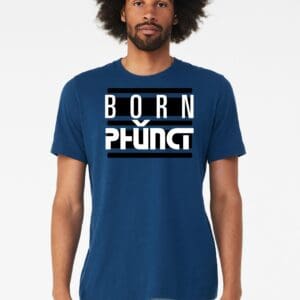 Man wearing blue "BORN PHÚNG" graphic tee