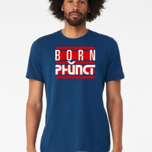 Man wearing navy tee reading "Born Phung