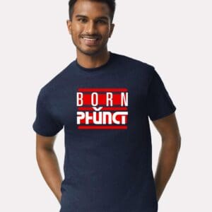 Smiling man in navy Born Phung T-shirt