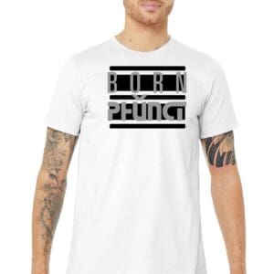 Tattooed man modeling white graphic t-shirt