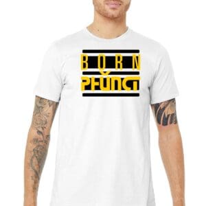 Tattooed man wearing white t-shirt with yellow graphic