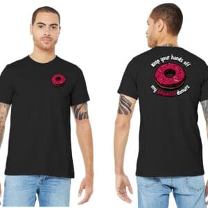 Black tee with pink sprinkled donut print