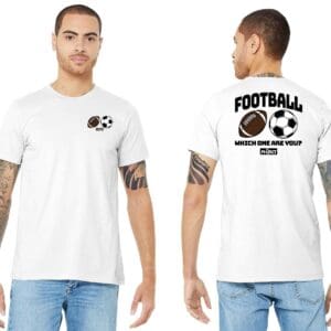 Male model in white football-themed t-shirt