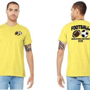 Yellow t-shirt with football and soccer graphics