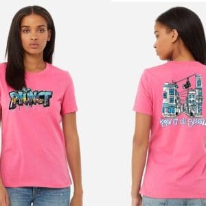 Pink graphic t-shirt with graffiti design