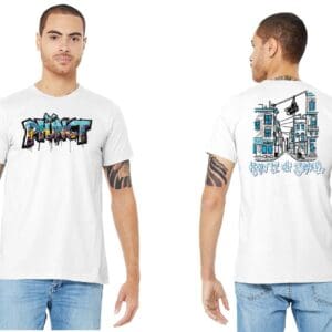 White graphic t-shirt shown front and back