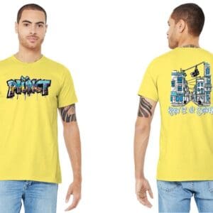 Men's yellow graphic tee with city backprint