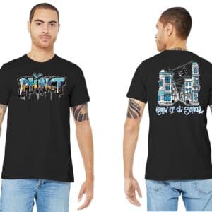 Model wearing black graffiti graphic t-shirt, front/back