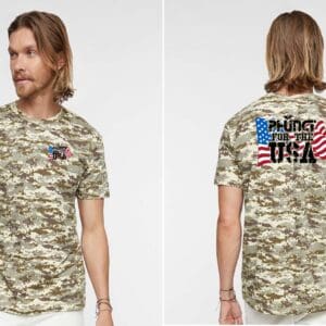 Man modeling camo t-shirt front and back
