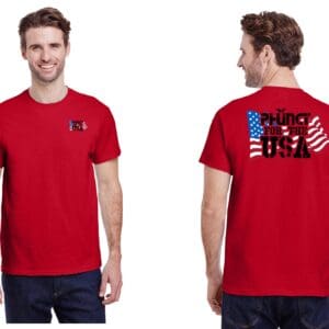 Man wearing red T-shirt with USA flag