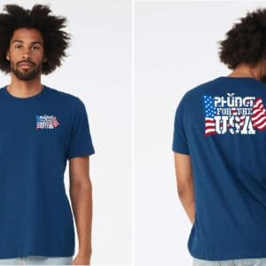 Model showing front and back of USA t-shirt