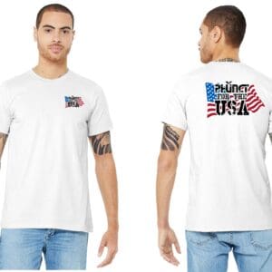 Front and back of white American flag t-shirt