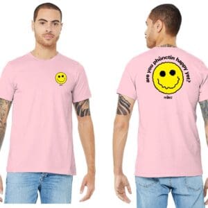 Pink tee with yellow smiley front and back