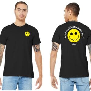 Black t-shirt with yellow smiley front and back