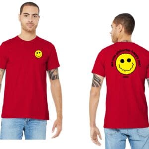 Red T-shirt with yellow smiley front and back