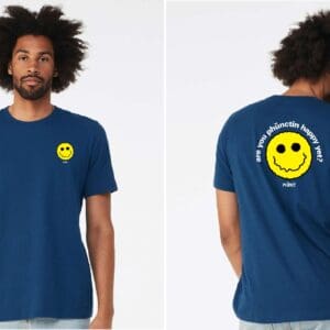 Navy tee with yellow smiley front and back
