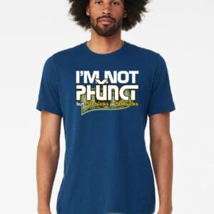 Man with afro wearing blue slogan t-shirt