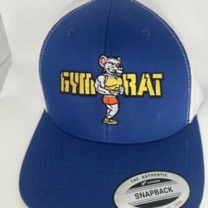Blue snapback cap with cartoon rat embroidery