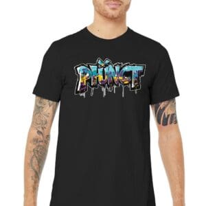 Man wearing black graffiti tee