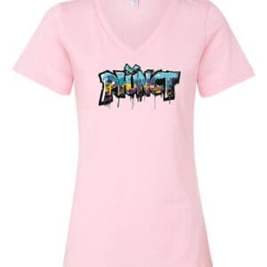 Pink V-neck tee with colorful graffiti logo
