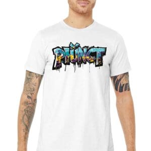 Man wearing white tee with colorful graffiti text