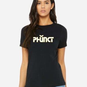 Woman wearing black PHUNCT logo tee