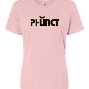 Pink T-shirt with bold stylized black logo