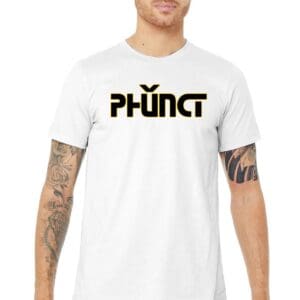 Person wearing white t-shirt with Phung logo