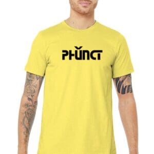 Model wearing yellow t-shirt with black logo