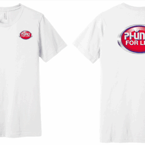 White T-shirt front and back, red oval logo
