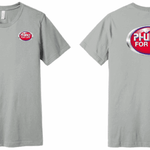 Gray t-shirt front and back with oval logo