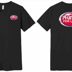Black t-shirt showing front and back logos
